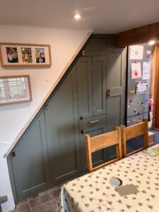 Fitted Understair Storage & Understair Draw, Glass Fluted Top Cabinet with Spray Finish - Challock, Kent
