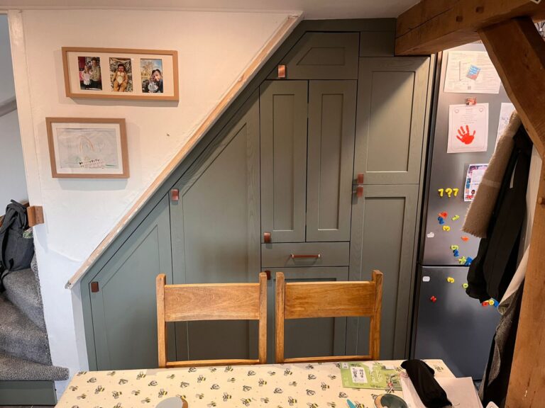 Fitted Understair Storage & Understair Draw, Glass Fluted Top Cabinet with Spray Finish - Challock, Kent